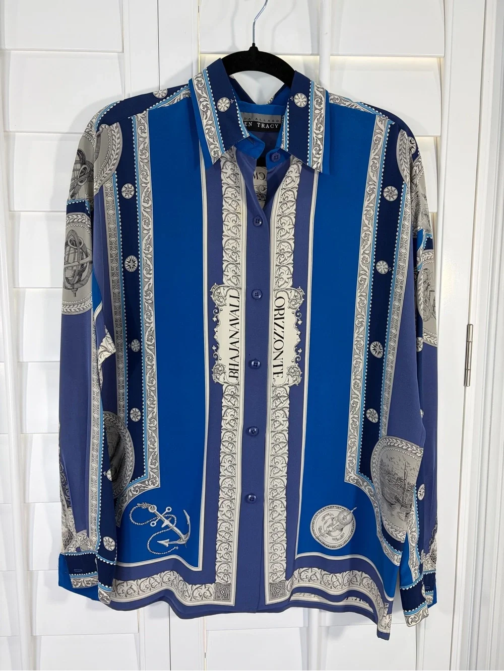 Vintage Linda Allard Ellen Tracy 100% Silk Blue Patterned Button-Up Shirt (8) - Picture 1 of 7